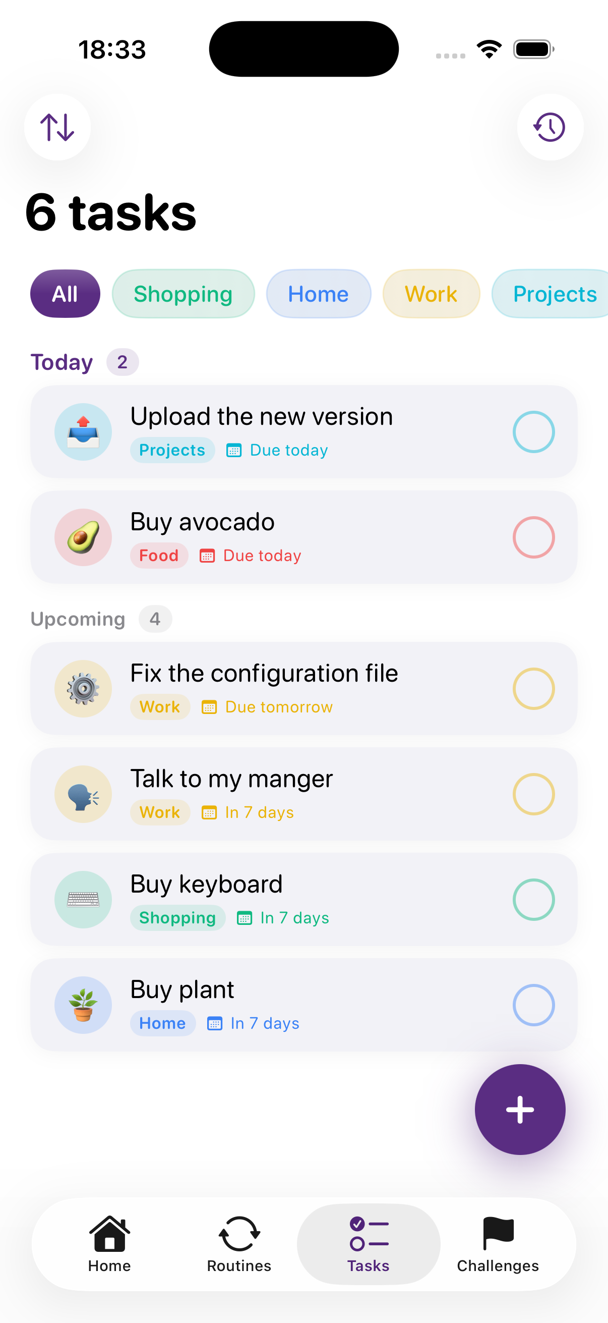 Tasks screen
